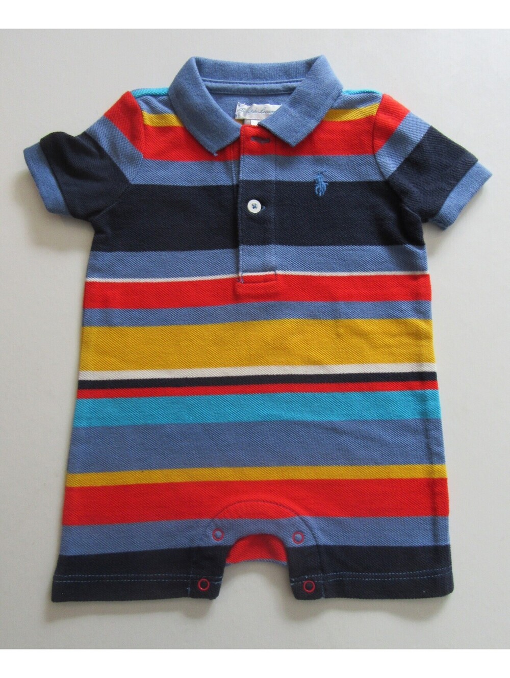 Ralph Lauren Polo Baby Boys One Pc Shortall Romper Blue Multicolor Striped 3M